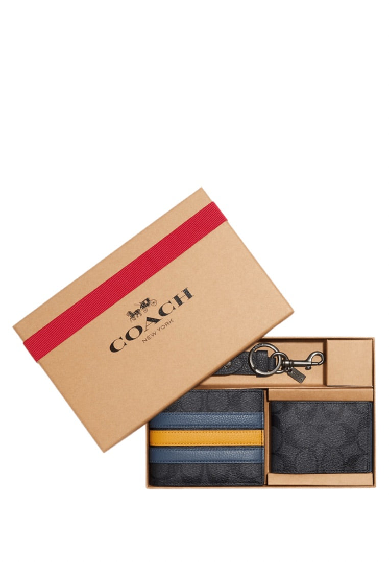 Boxed 3 In 1 Wallet Gift Set In Signature Canvas With Varsity Stripe Denim Multi