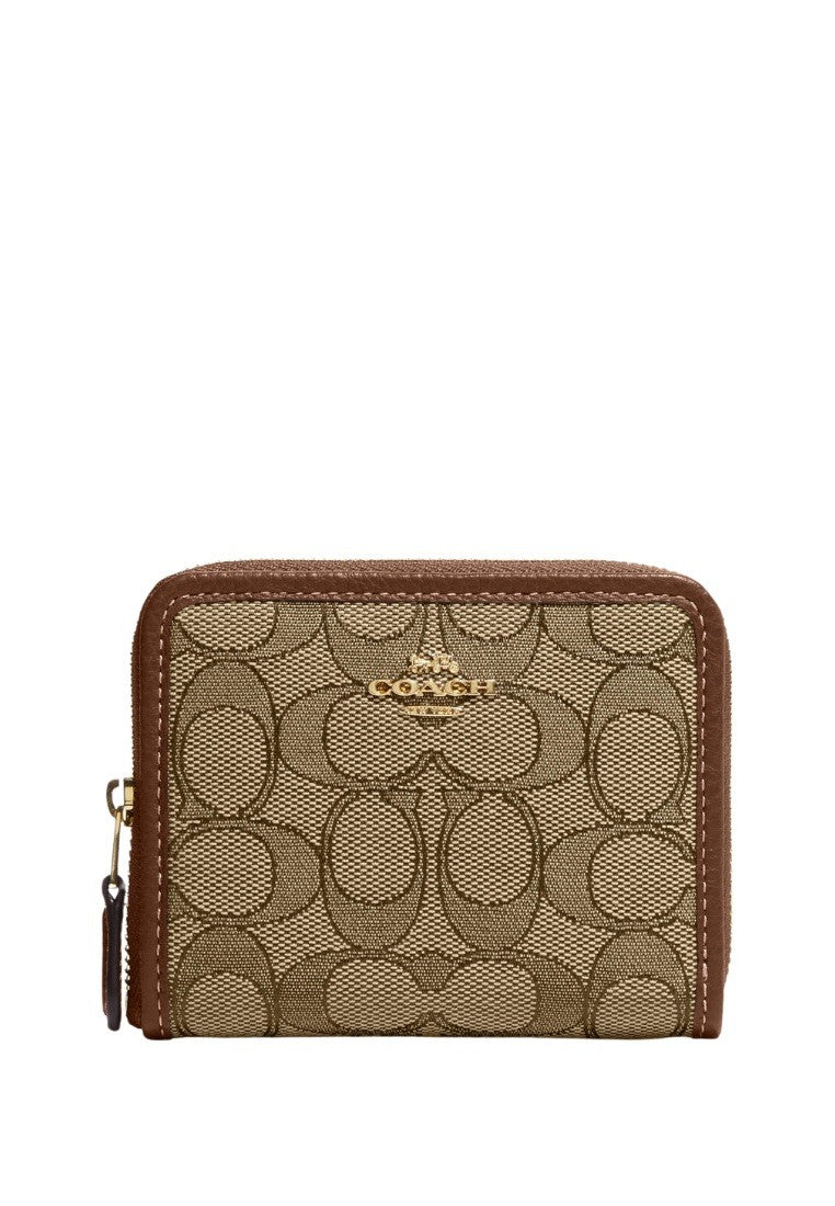 Small Zip Around Wallet In Signature Jacquard Khaki Saddle Multi