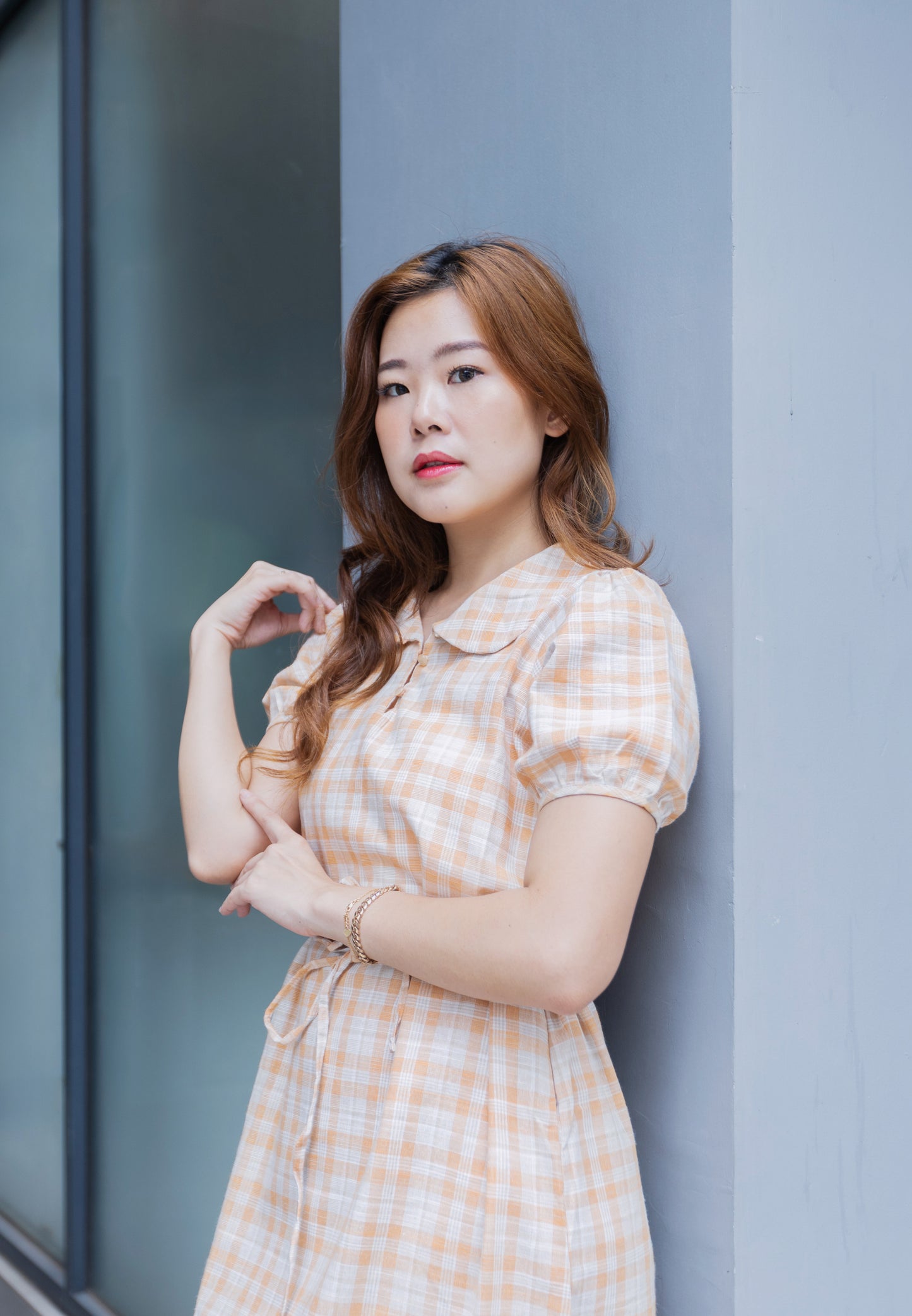 Korean Vintage Plaid Dress-ORANGE
