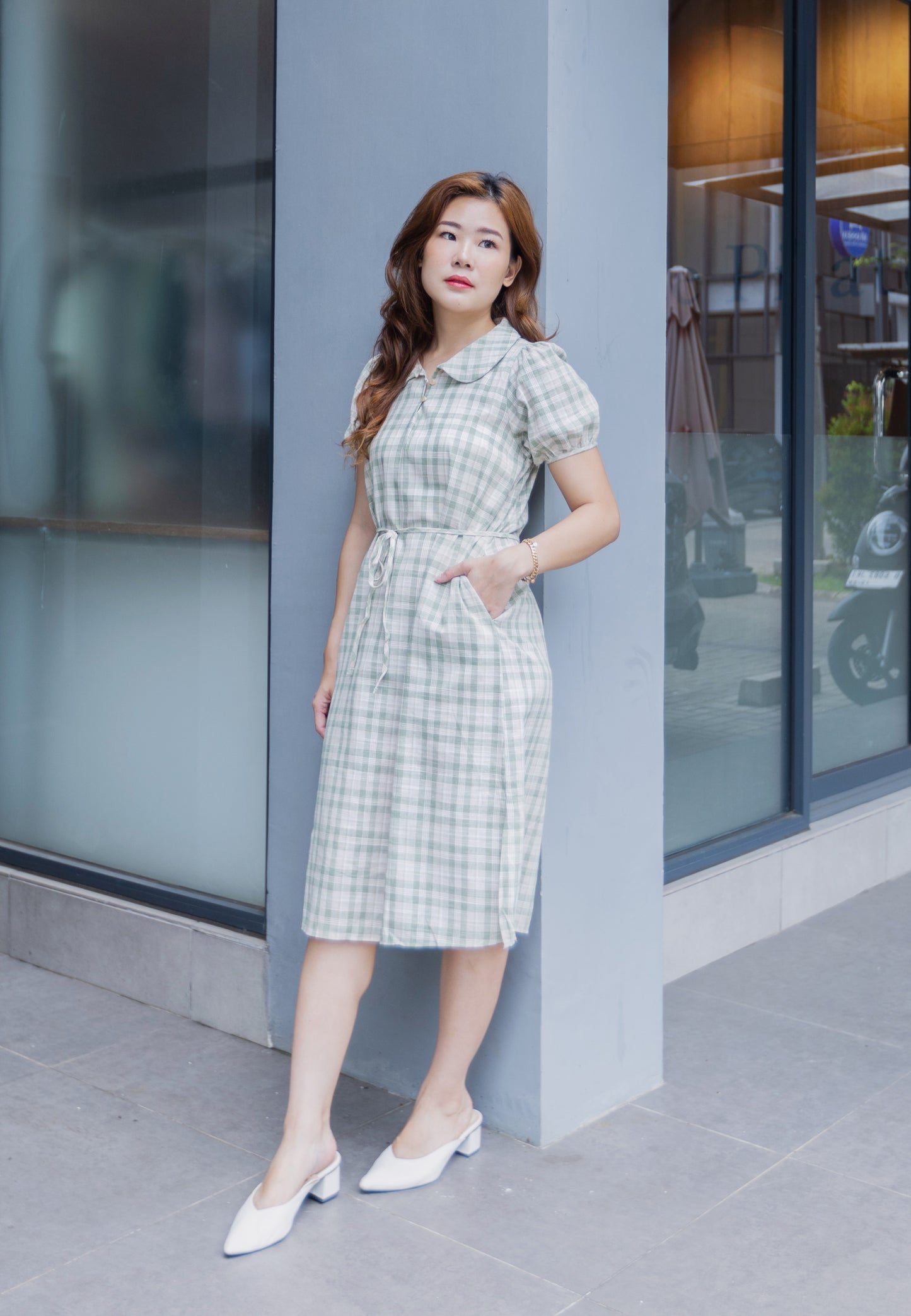 Korean Vintage Plaid Dress-GREEN