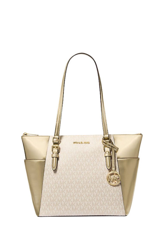 Charlotte Large Signature Logo and Metallic Top-Zip Tote Bag Pale Gold