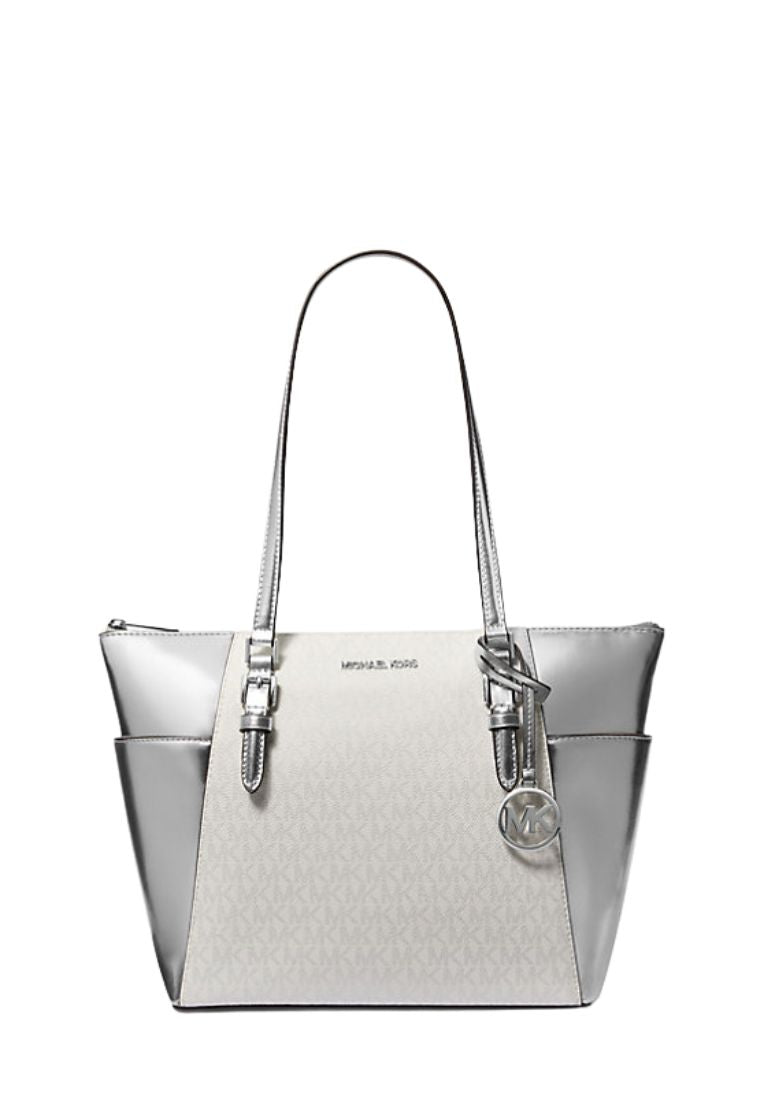 Charlotte Large Signature Logo and Metallic Tote Bag Silver