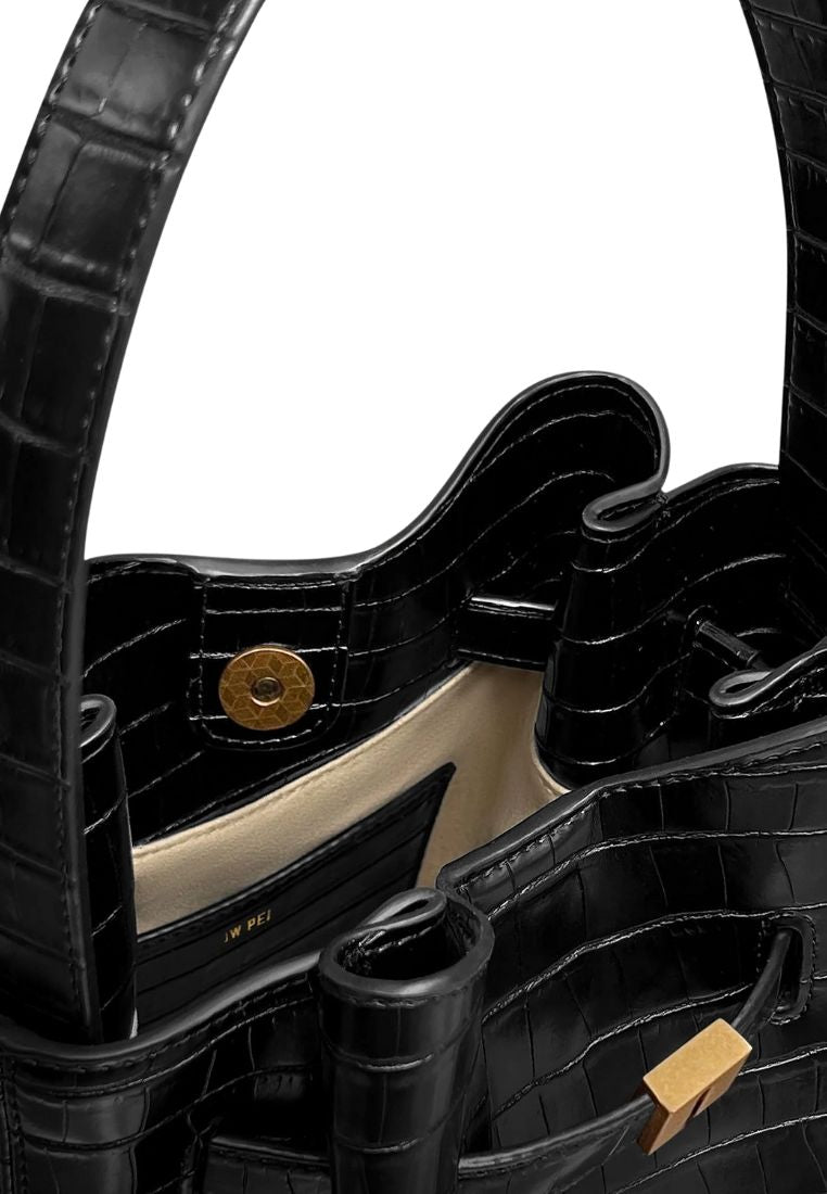 Clara Lock Accent Bucket Shoulder Bag - Black Croc