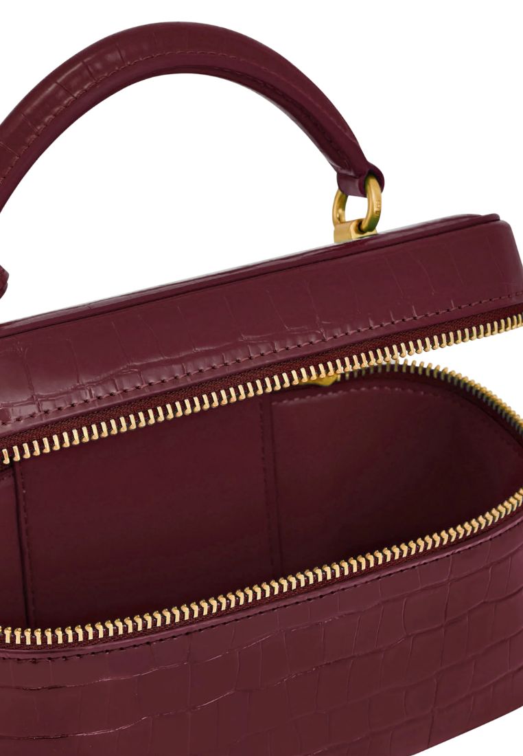 Cleo Box Shape Top Handle Bag - Claret Croc