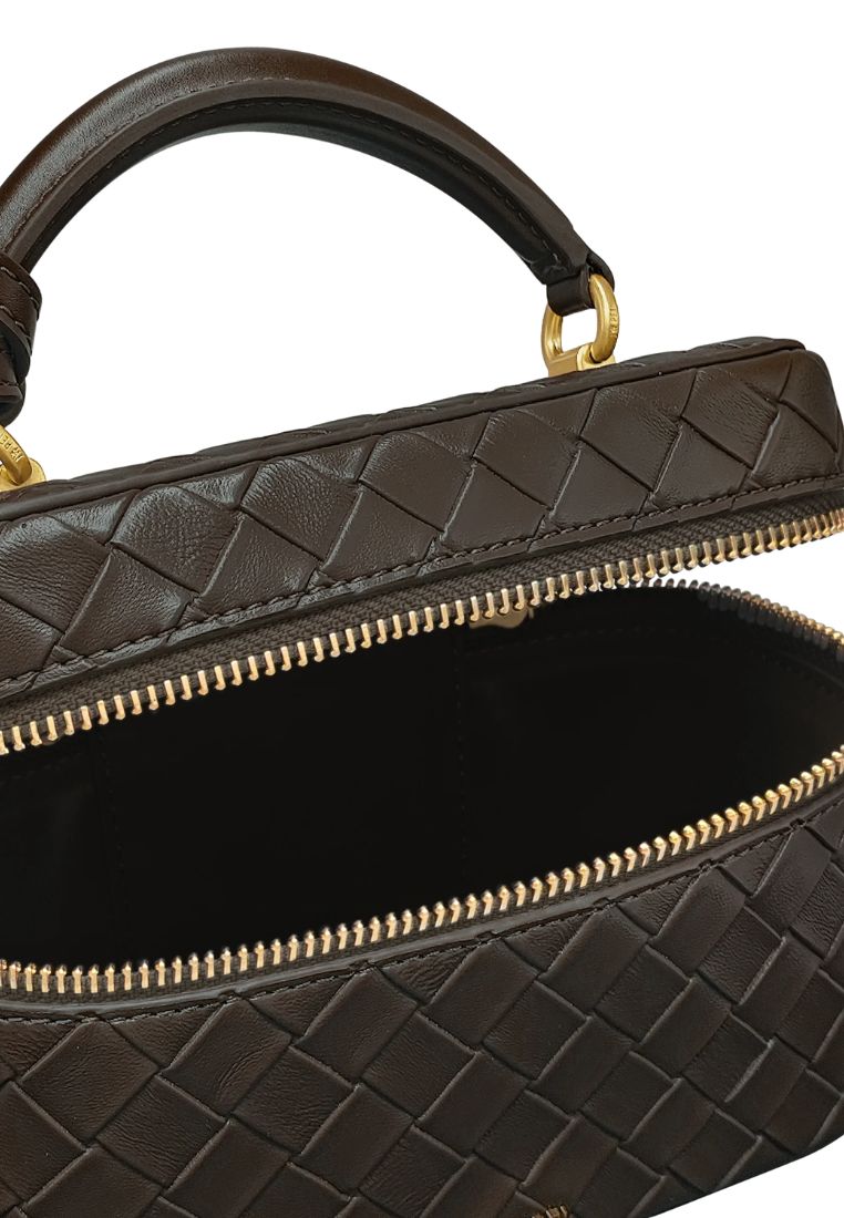 Cleo Woven Texture Box Shape Top Handle Bag - Dark Brown