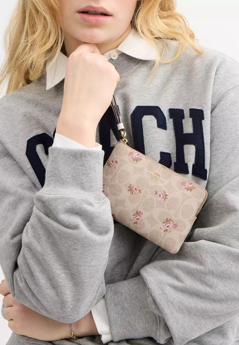Corner Zip Wristlet In Signature Canvas With Floral Print Gold Sand Multi