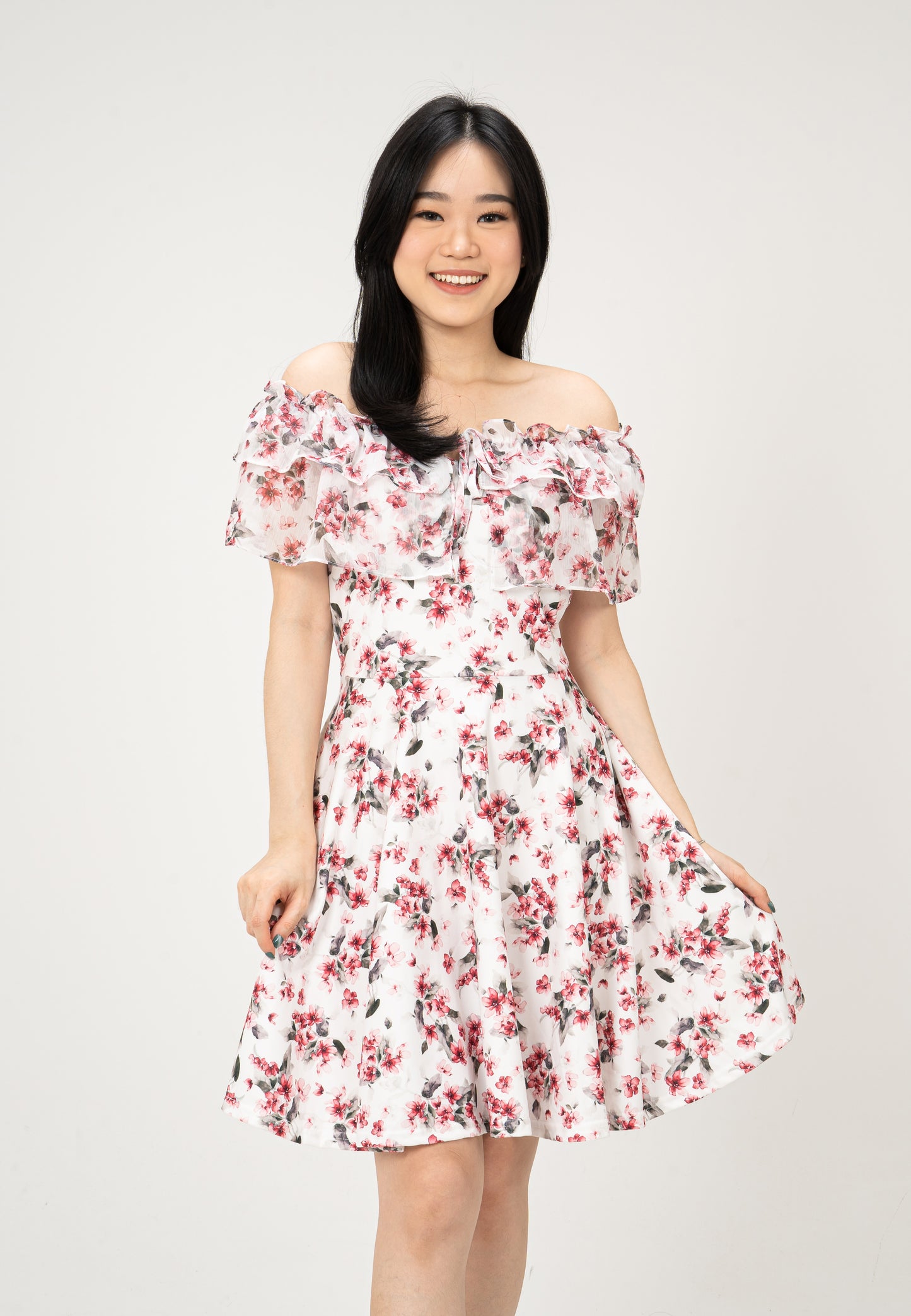KOREAN SABRINA FLORAL DRESS - RED