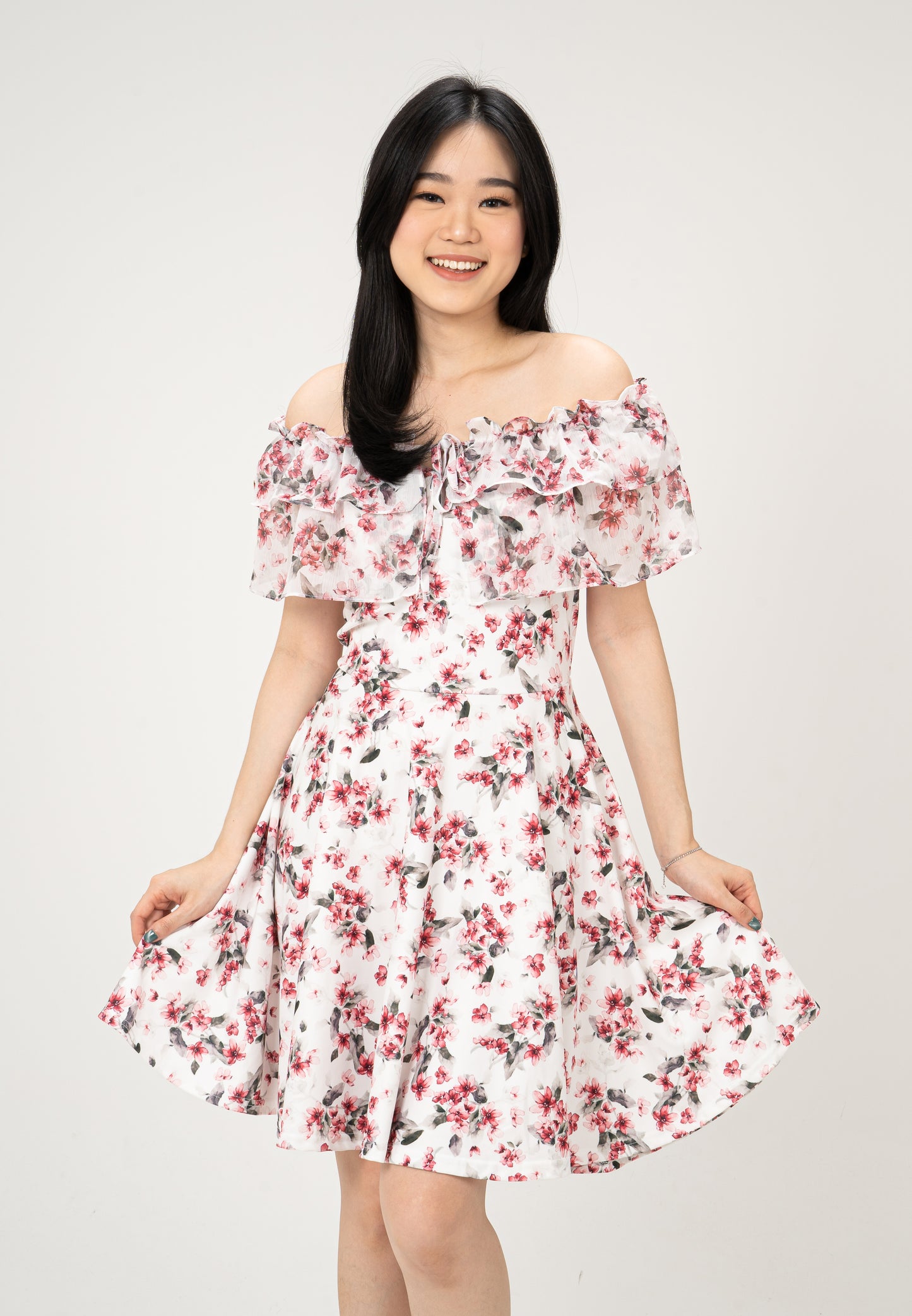 KOREAN SABRINA FLORAL DRESS - RED