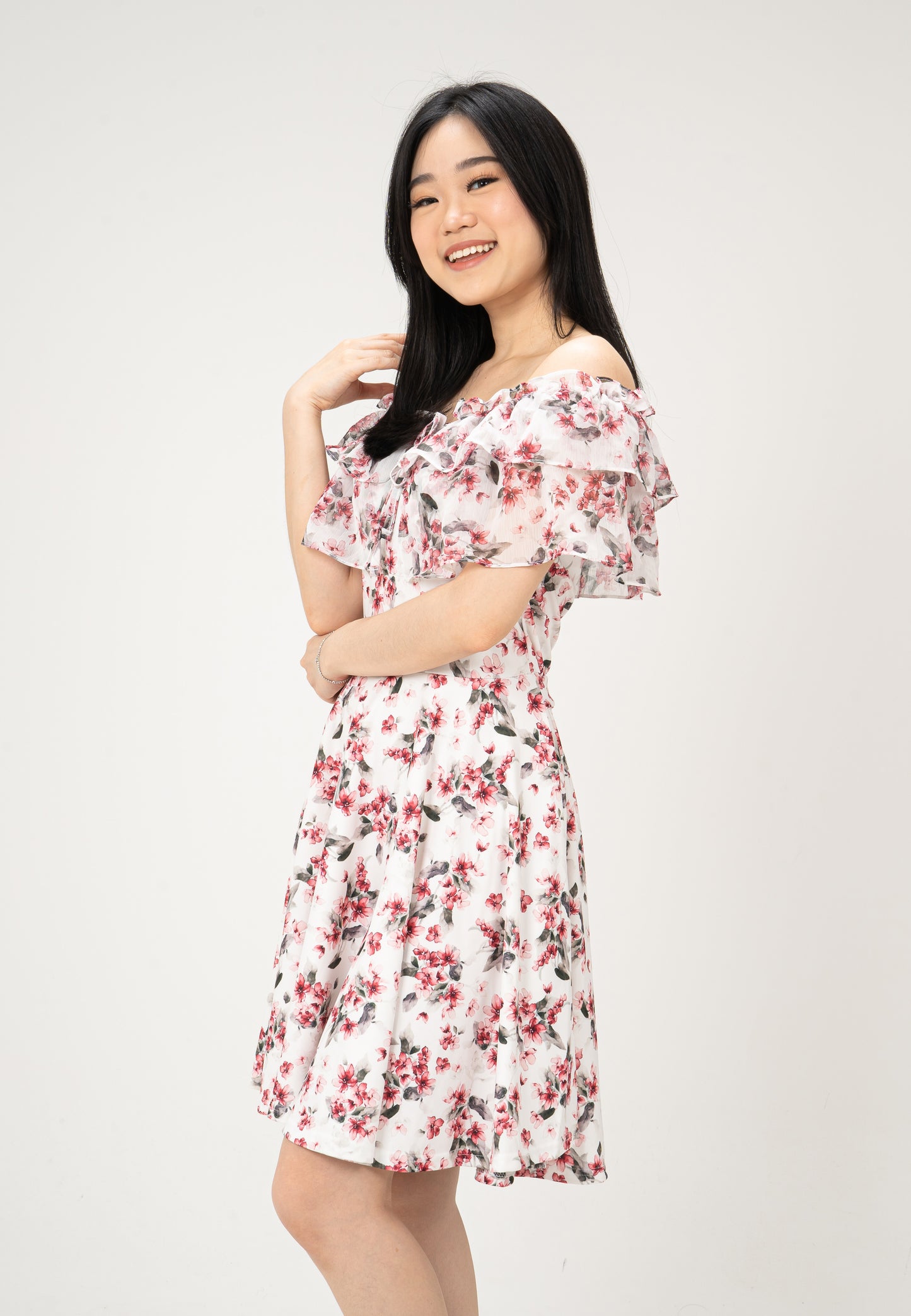 KOREAN SABRINA FLORAL DRESS - RED