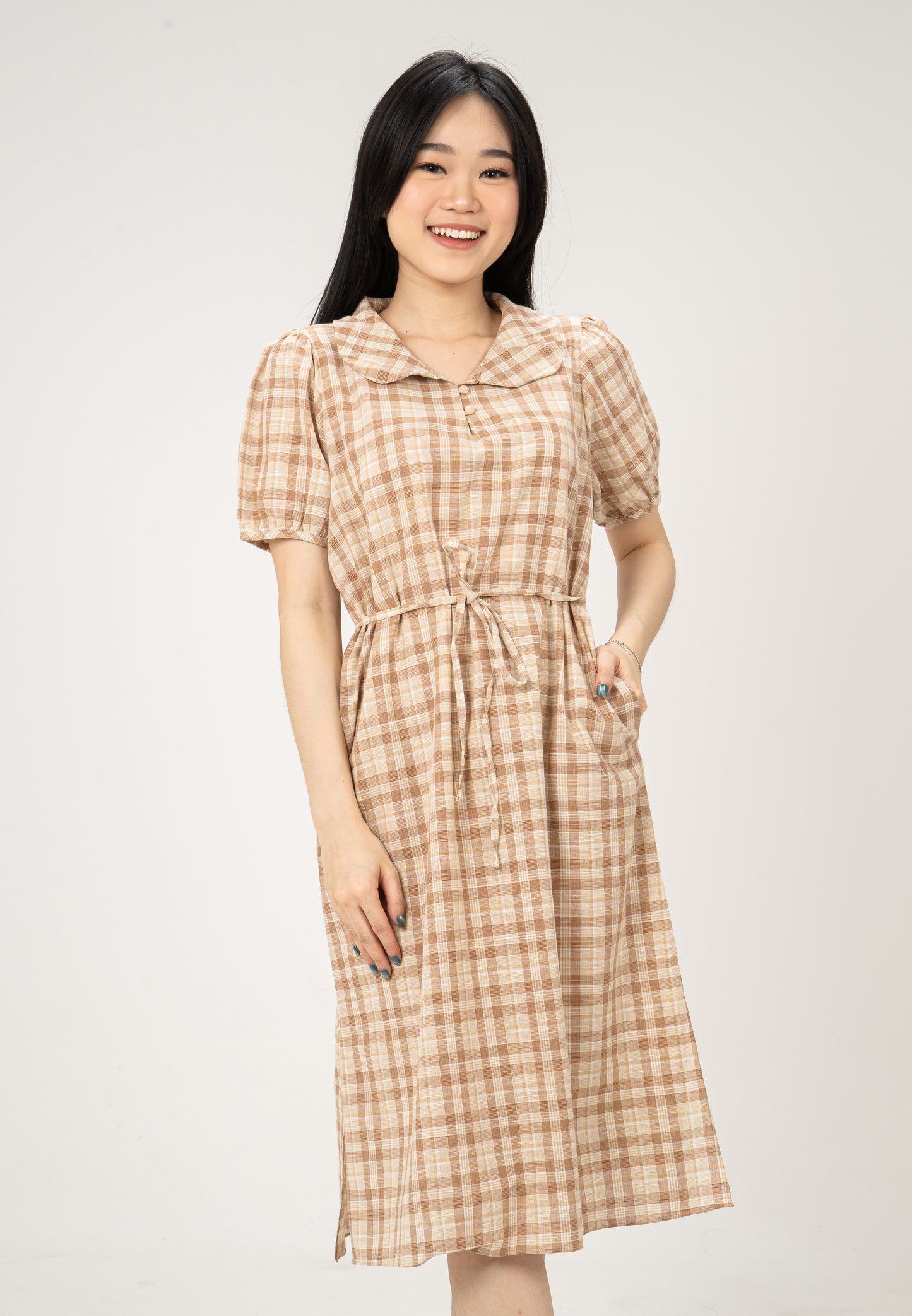 Korean Vintage Plaid Dress-BROWN