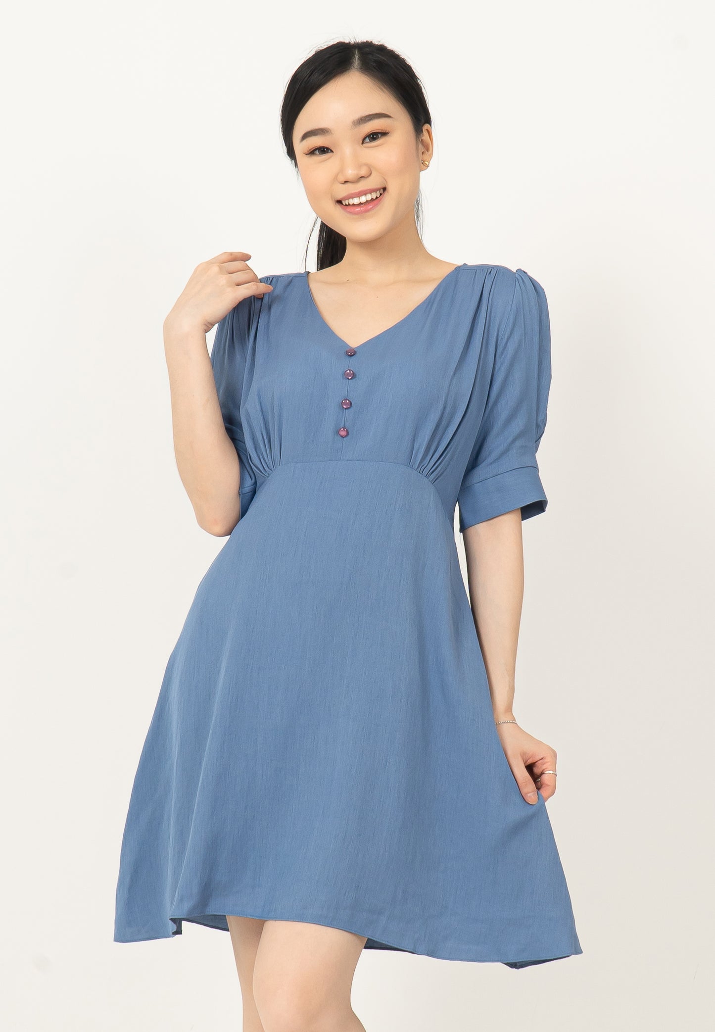 V-neck Button Dress Blue