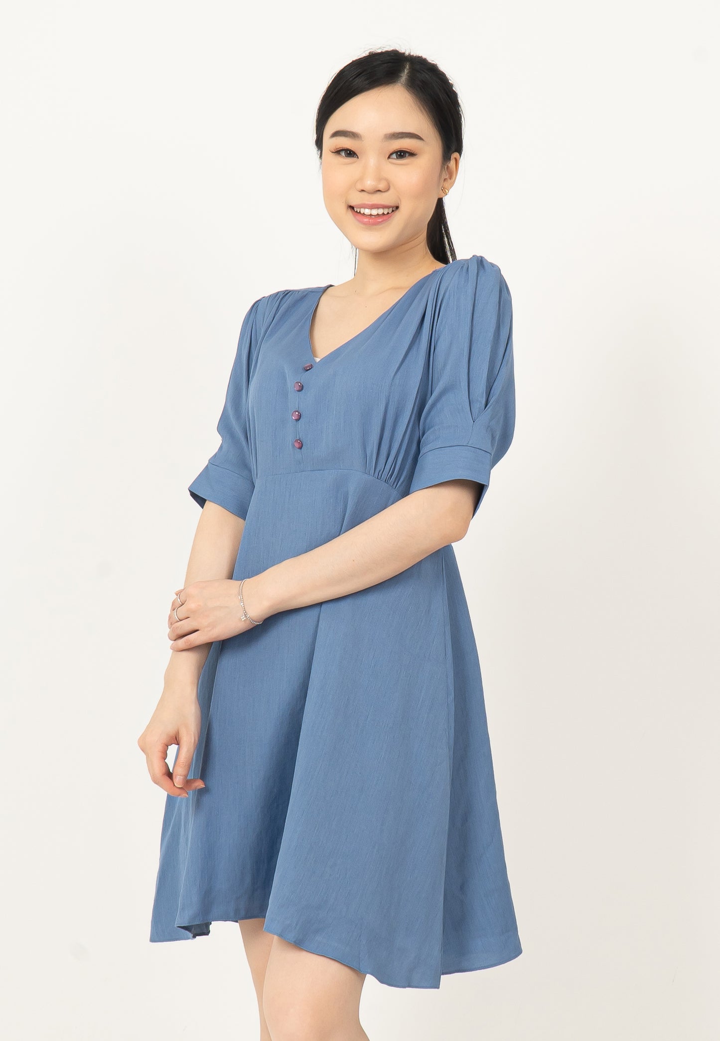 V-neck Button Dress Blue