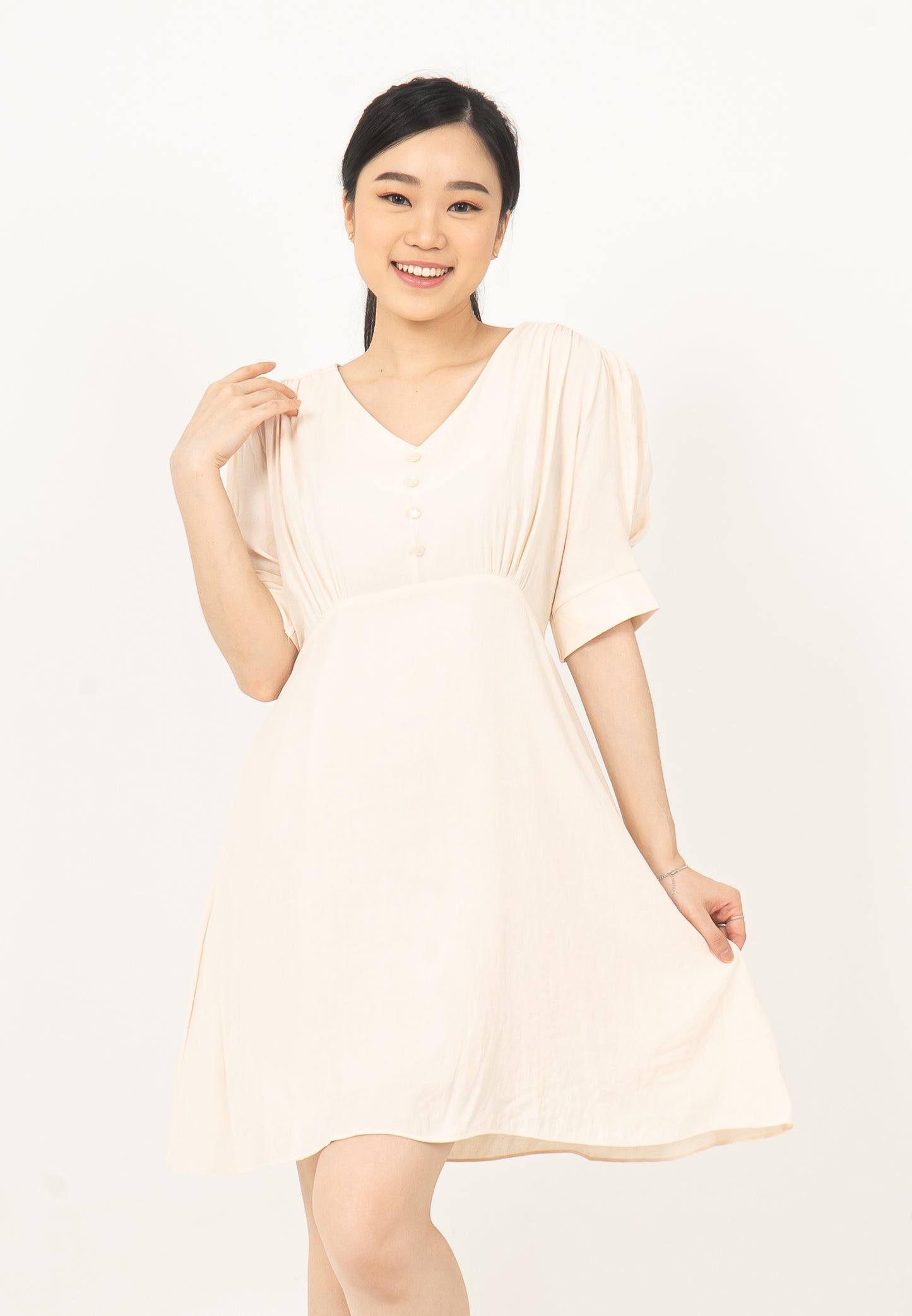 V-neck Button Dress Cream