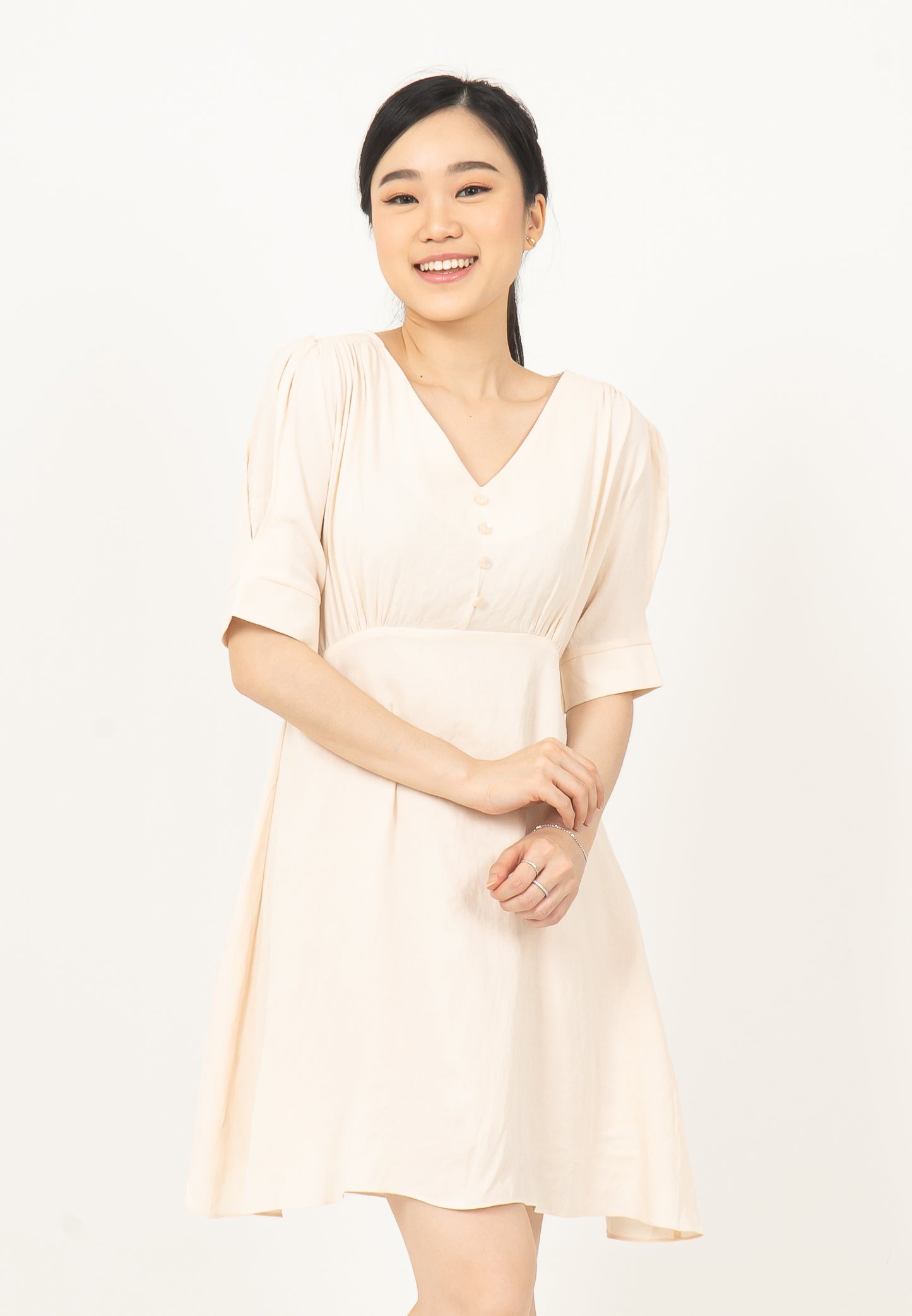 V-neck Button Dress Cream