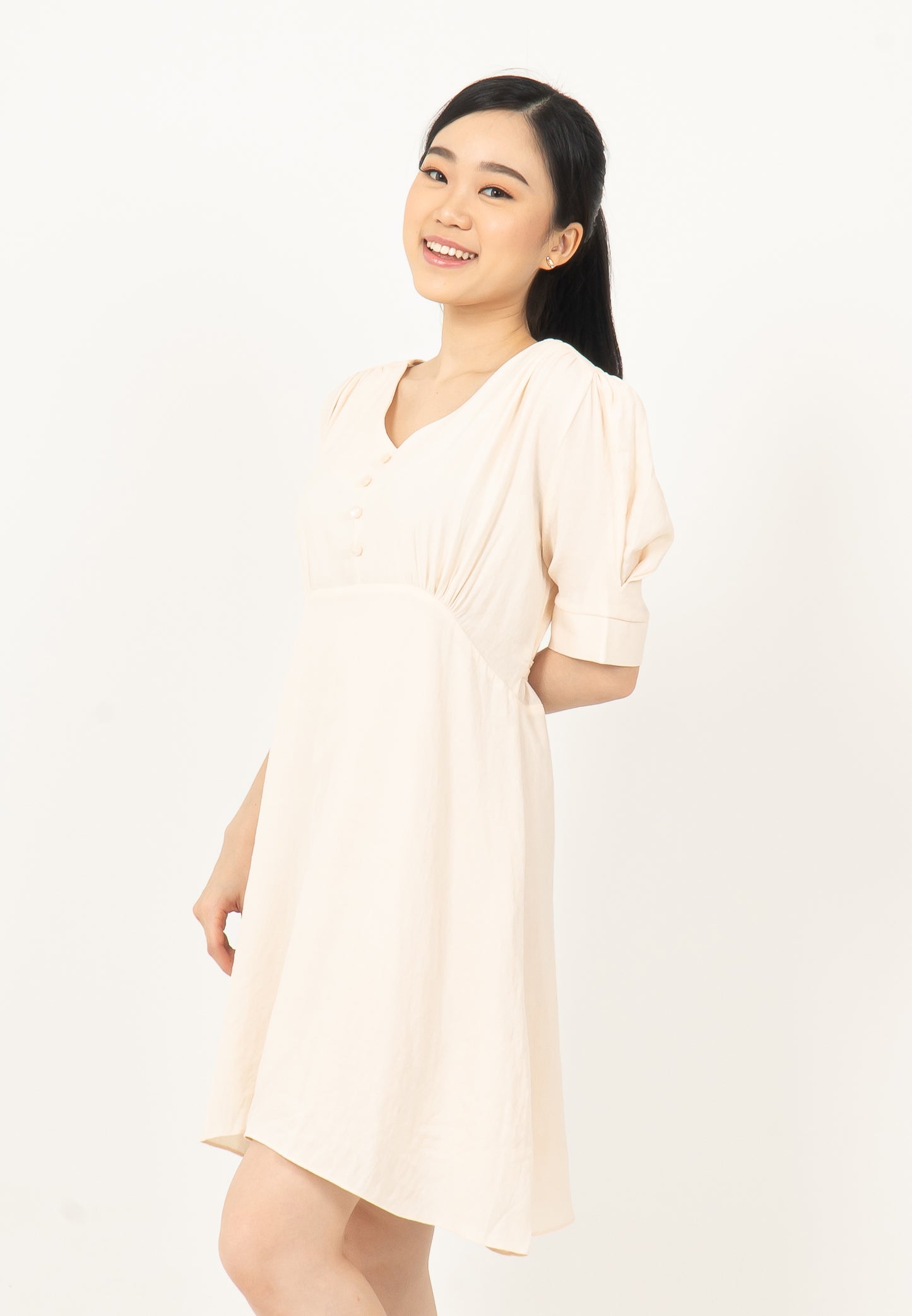 V-neck Button Dress Cream