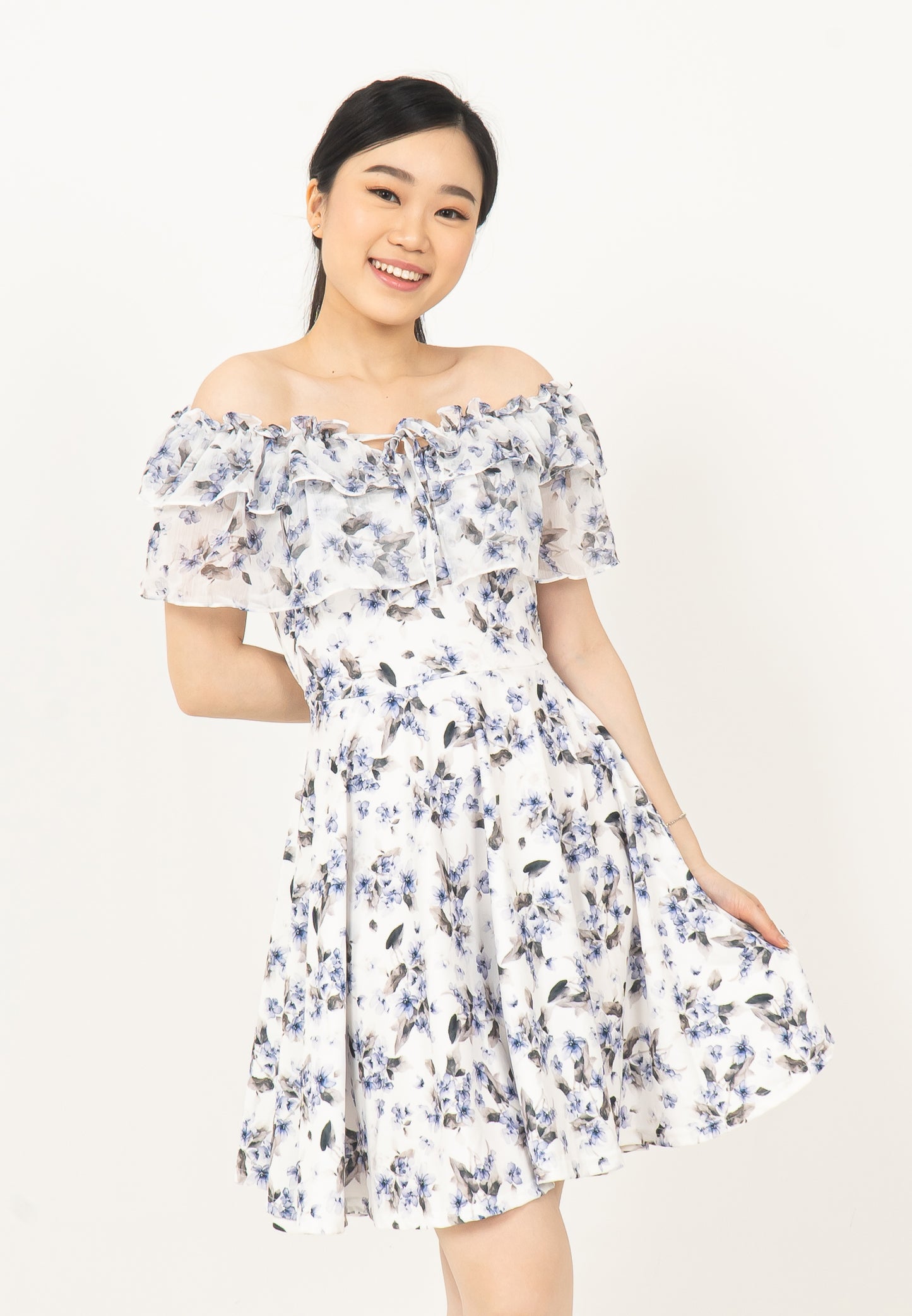 KOREAN SABRINA FLORAL DRESS - BLUE