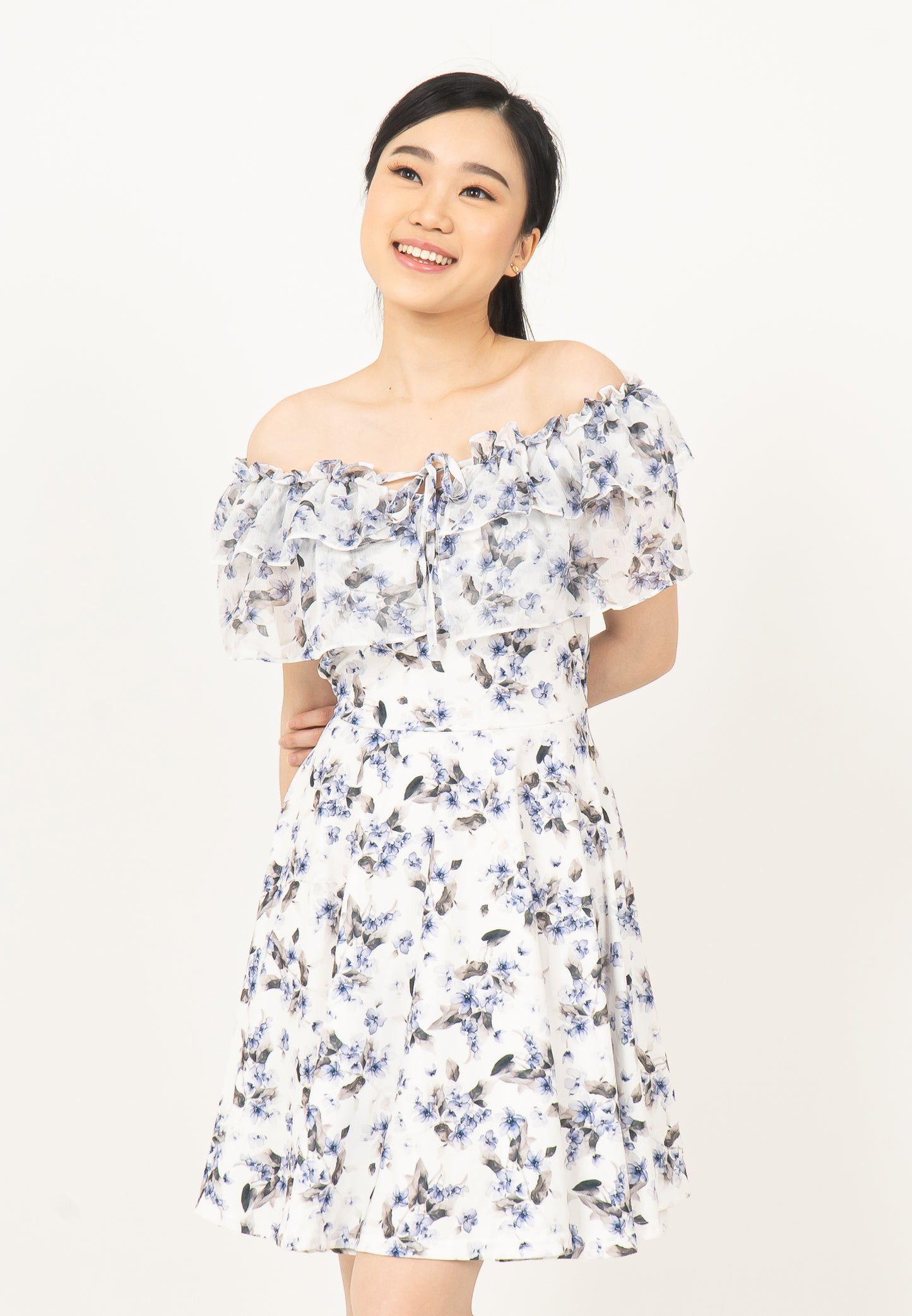 KOREAN SABRINA FLORAL DRESS - BLUE