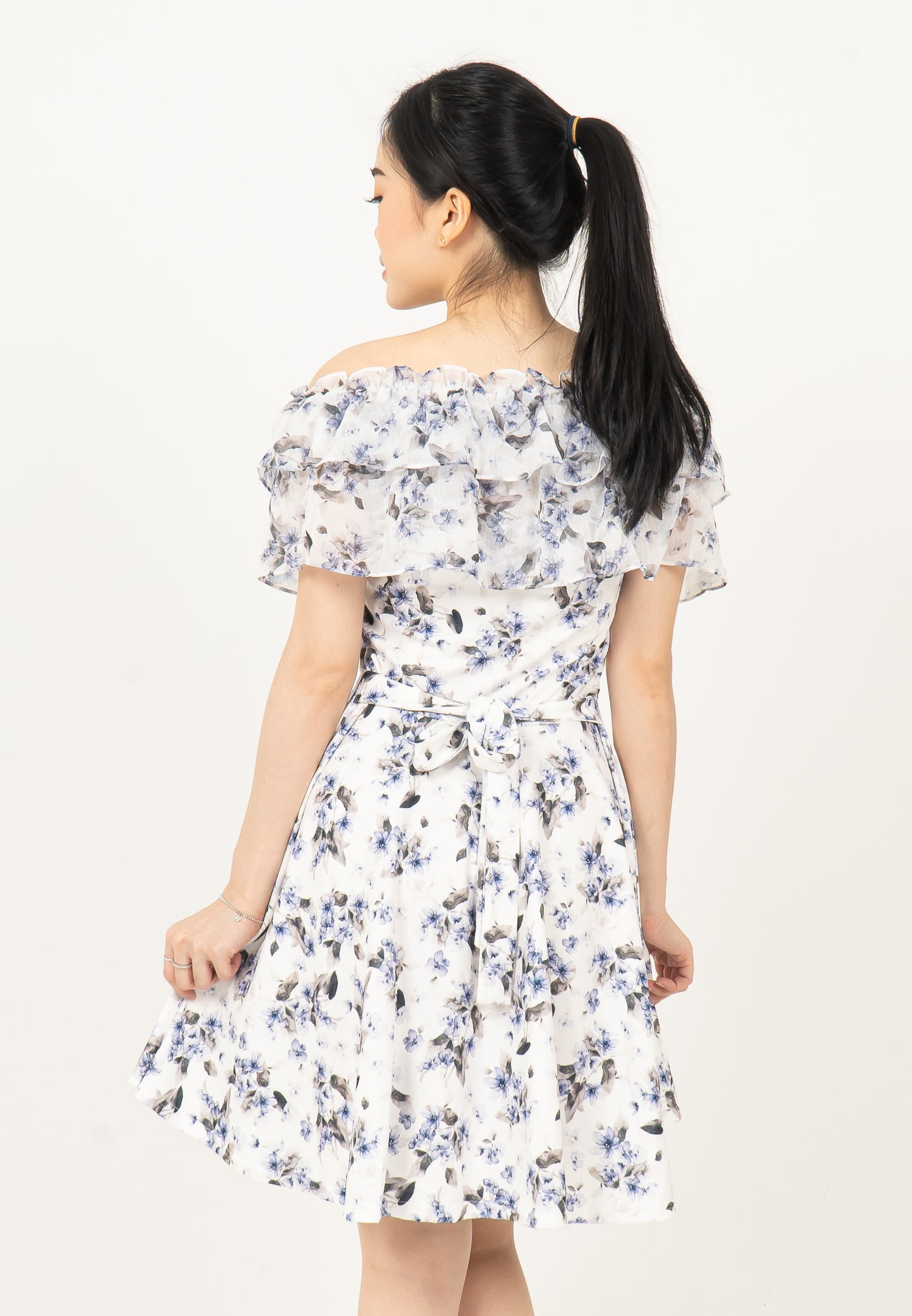 KOREAN SABRINA FLORAL DRESS - BLUE