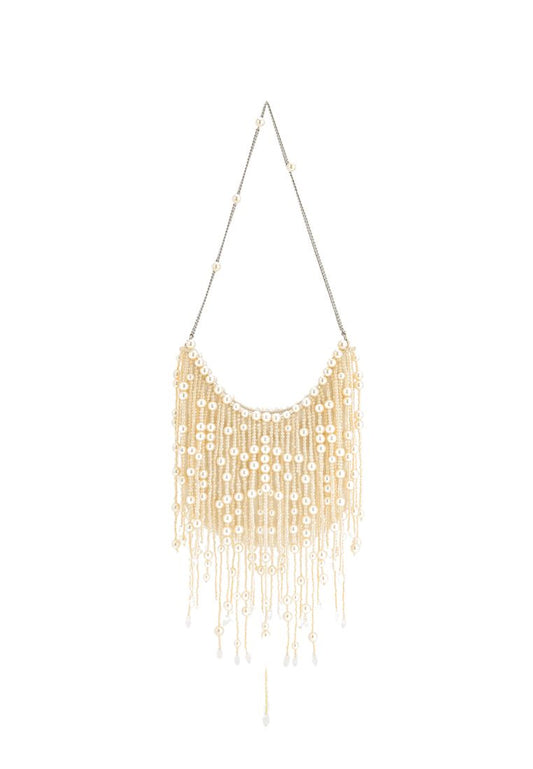 Elaine Pearl Embellished Fringe Bag - White