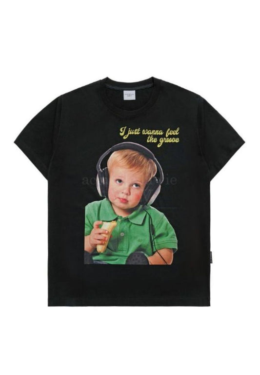 Headset Boy Lettering Baby Face Short Sleeve T-Shirt Black