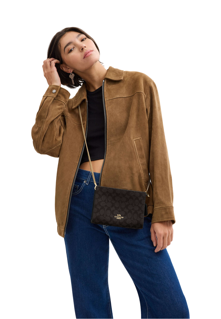 Slim Crossbody Bag In Signature Canvas Gold Walnut Black