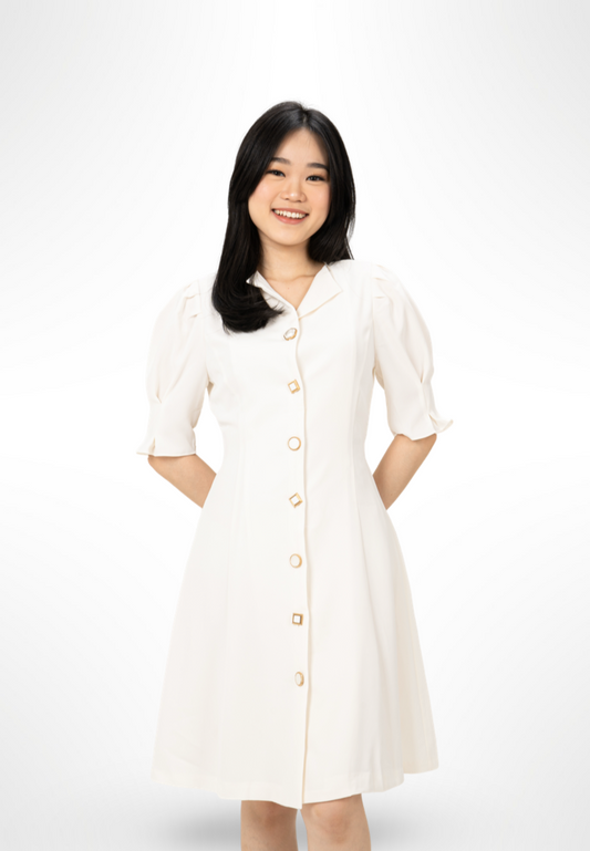 Korean Button White Dress By Bling