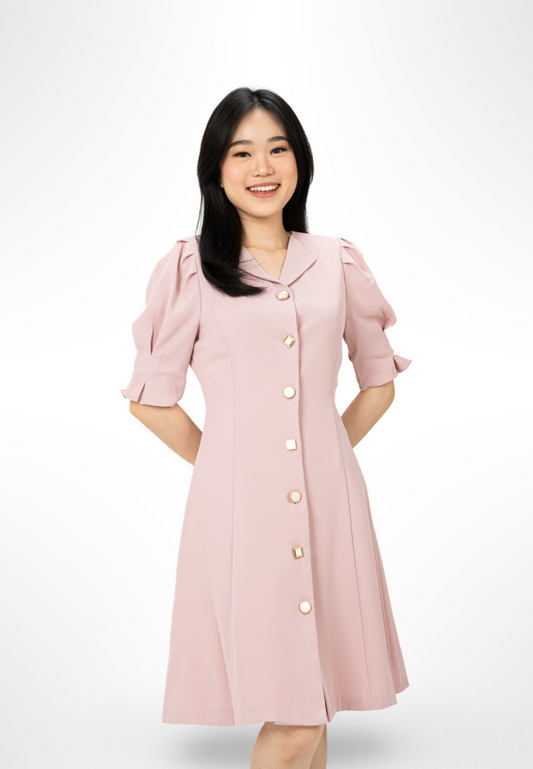 Korean Button Pink Dress By Bling