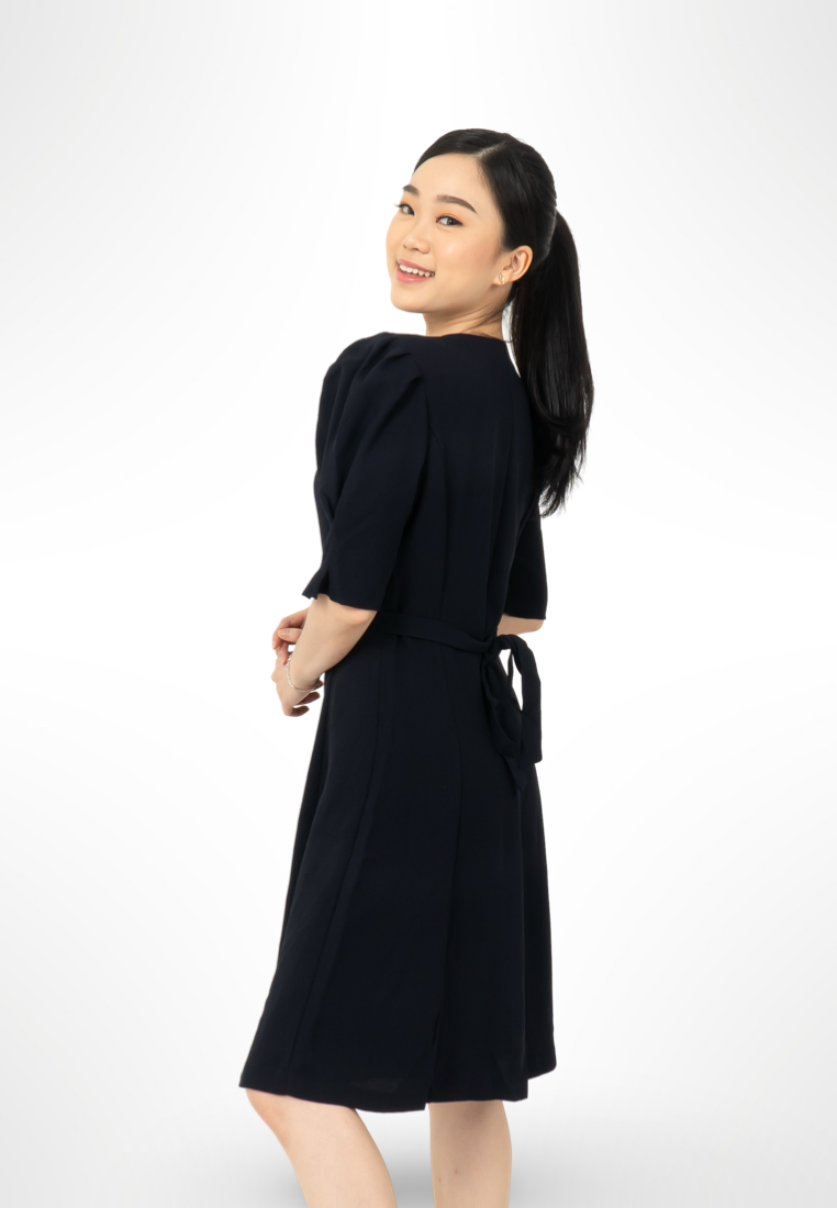 Korean Button Navy Dress By Bling