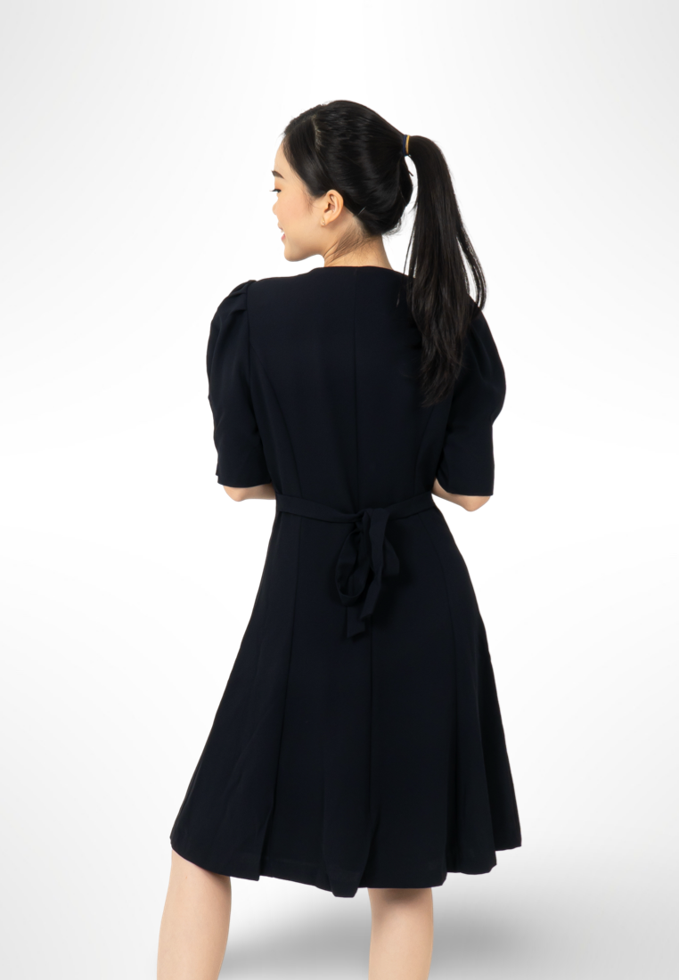 Korean Button Navy Dress By Bling