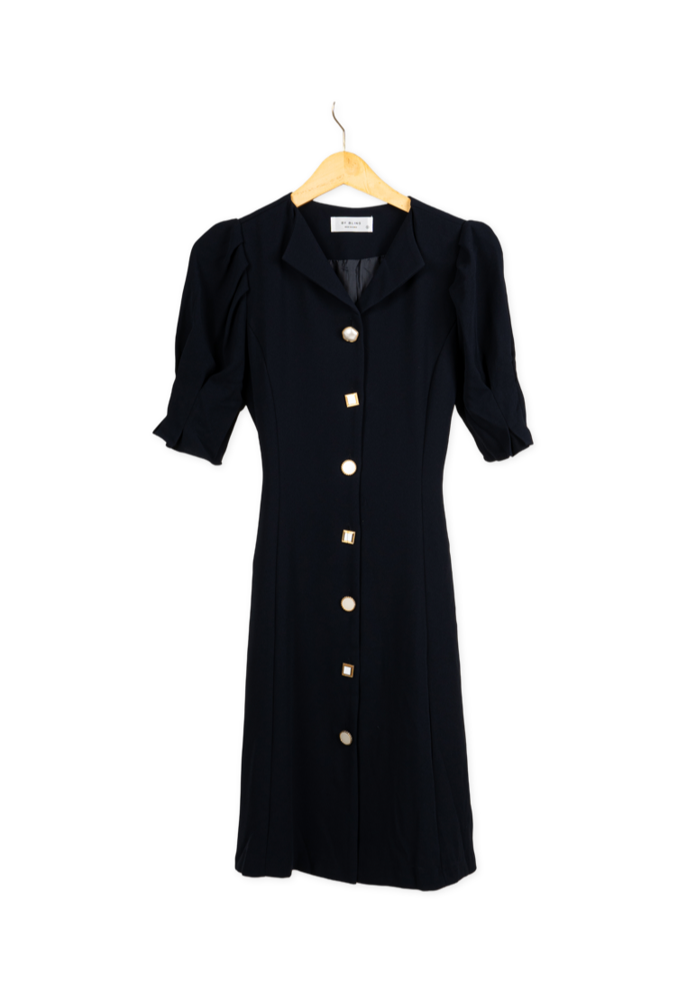 Korean Button Navy Dress By Bling