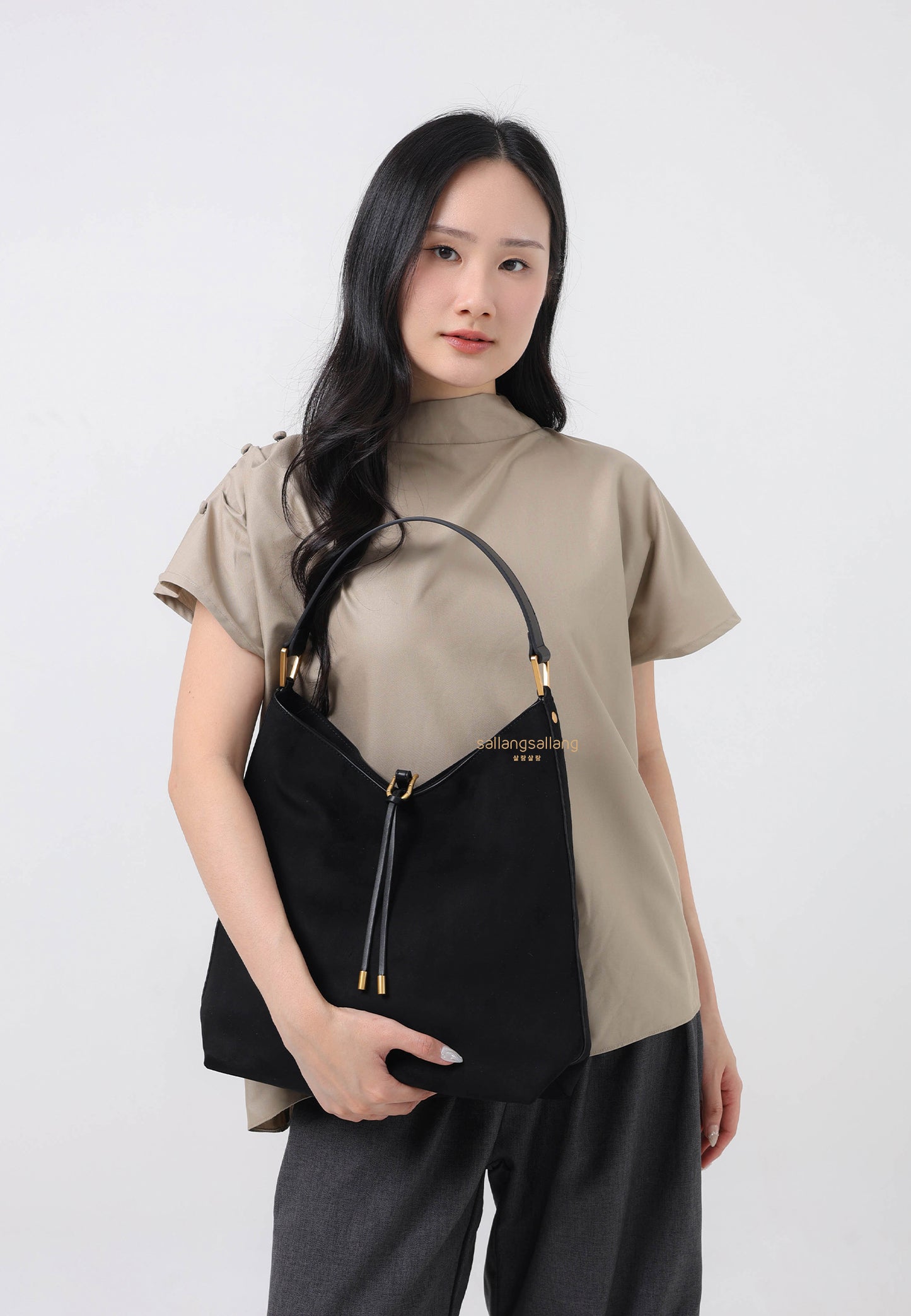 Aria Faux Suede Shoulder Bag - Black