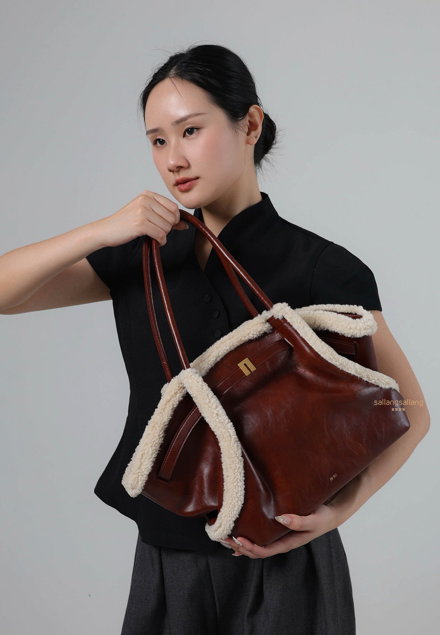 Hana Medium Faux Shearling Trim Tote Bag - Brown