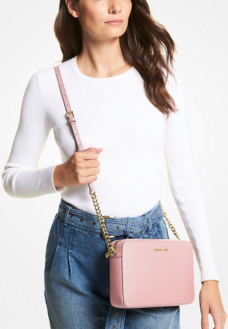 Jet Set Large Saffiano Leather Crossbody Bag Powder Blush