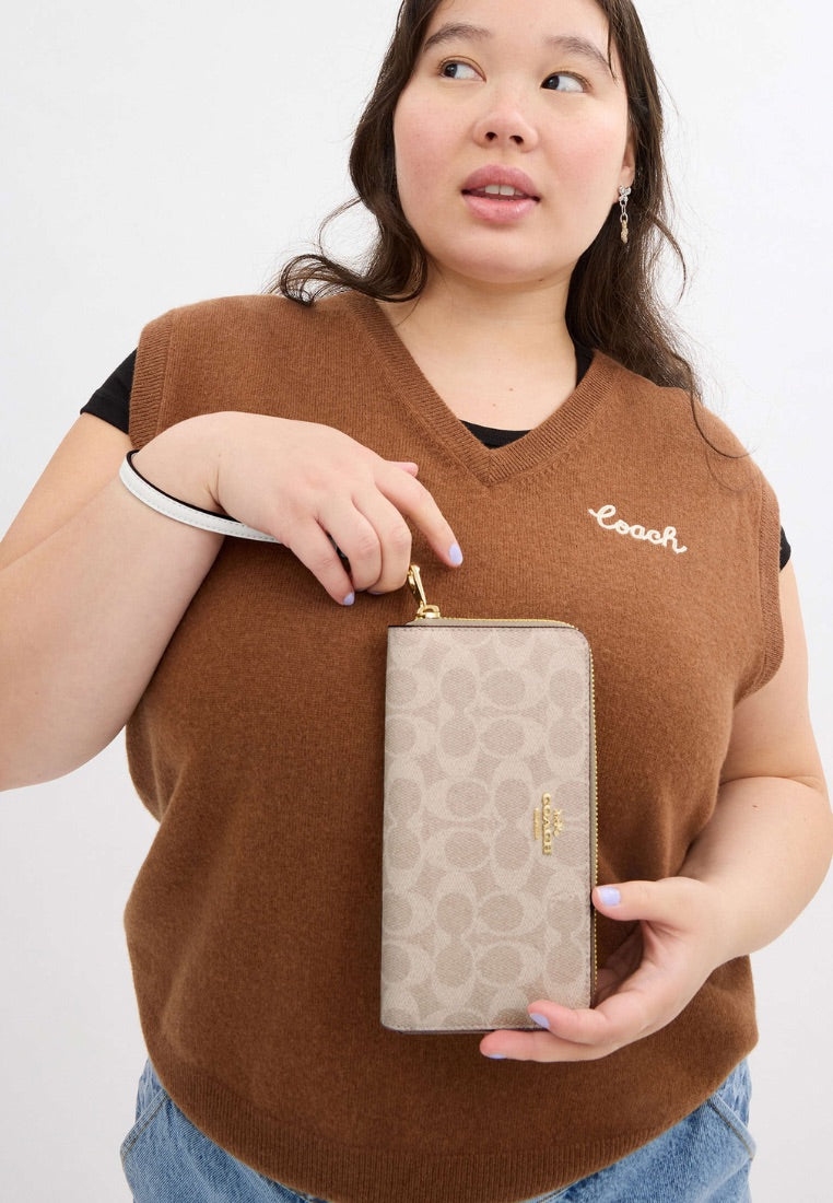 Long Zip Around Wallet In Signature Canvas Gold Sand Chalk