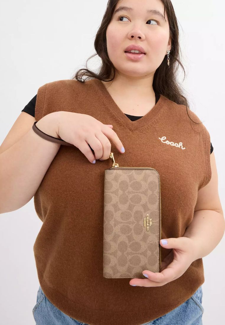 Long Zip Around Wallet In Signature Canvas Gold Tan Brown