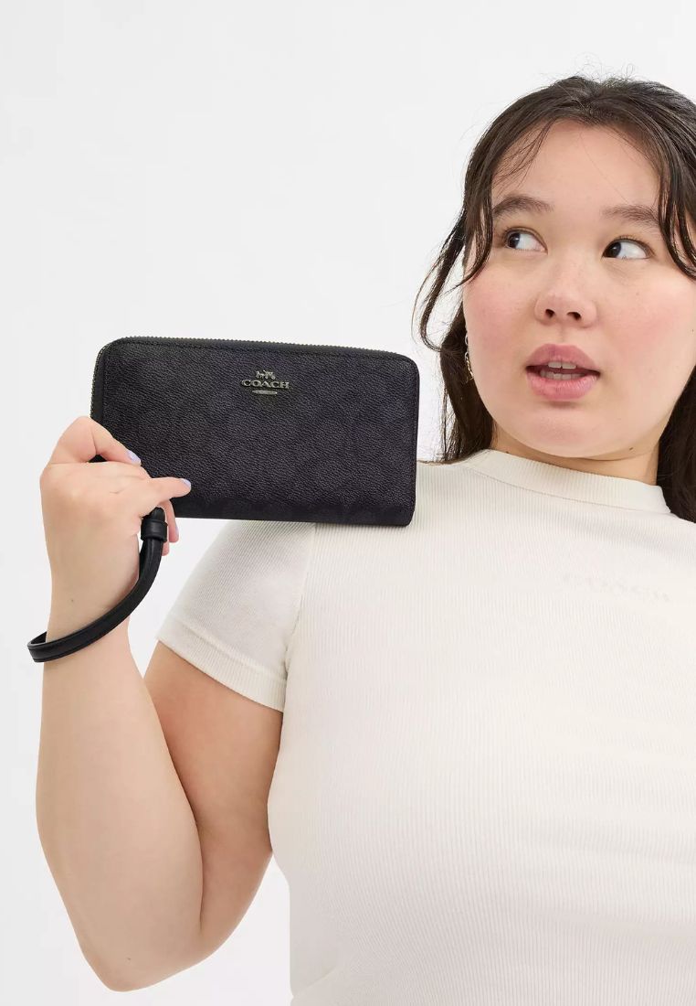 Long Zip Around Wallet In Signature Canvas Gunmetal Charcoal Black