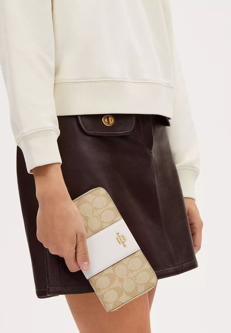 Long Zip Around Wallet In Signature Canvas With Stripe Chalk Lt Saddle