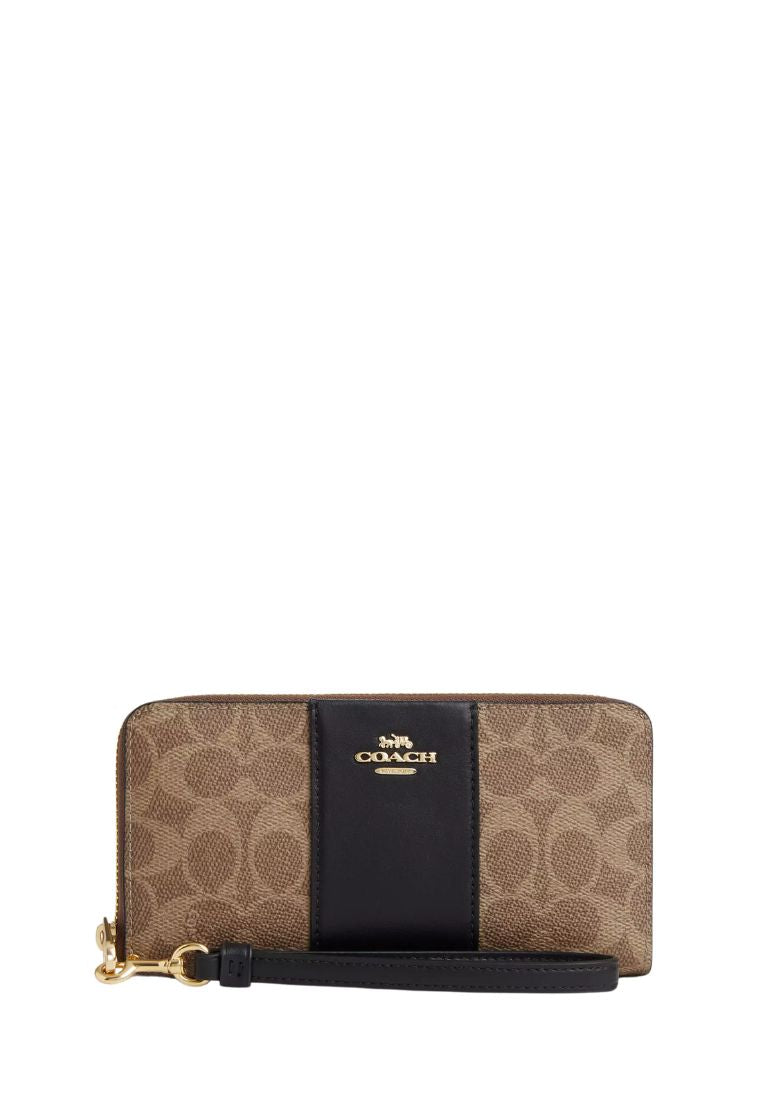Long Zip Around Wallet In Signature Canvas With Stripe Gold Tan Black
