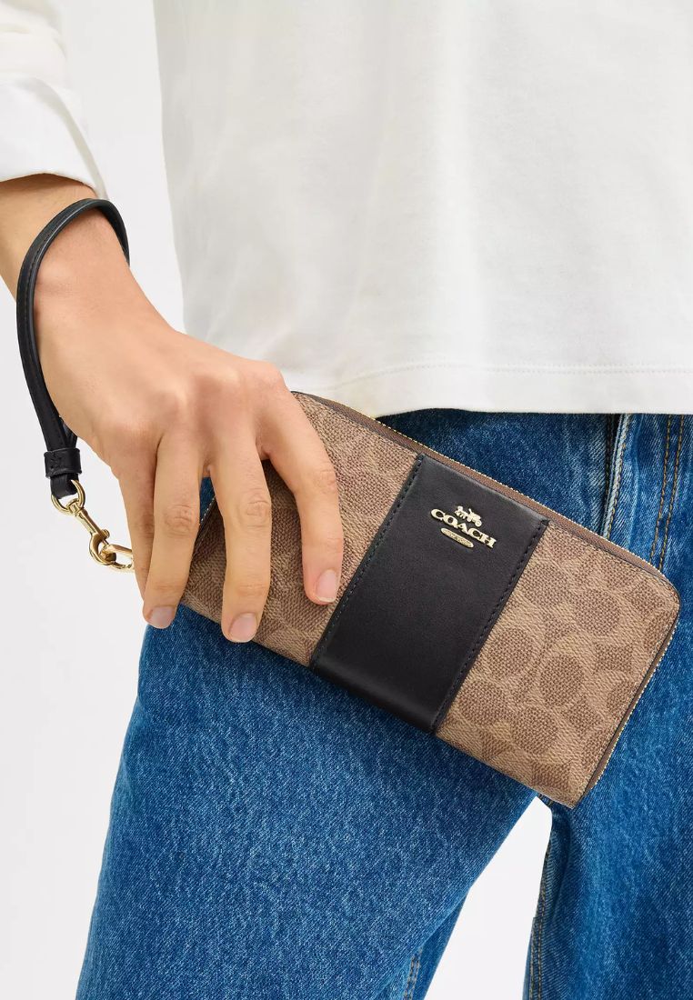 Long Zip Around Wallet In Signature Canvas With Stripe Gold Tan Black