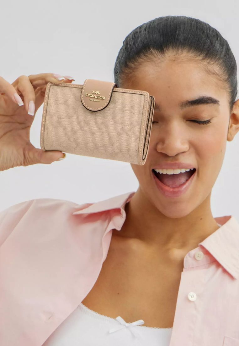 Medium Corner Zip Wallet With Signature Canvas Dark Natural Multi