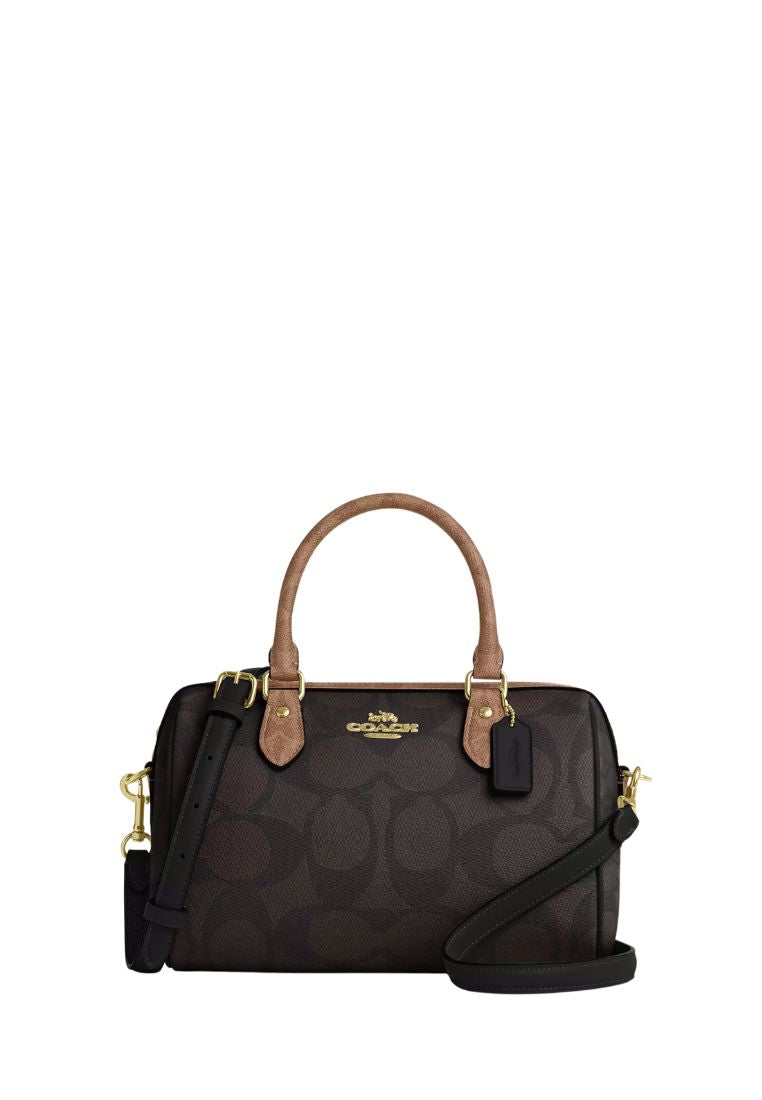 Rowan Satchel Bag In Blocked Signature Canvas Gold Walnut Tan