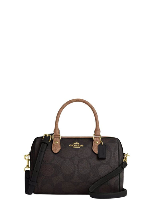 Rowan Satchel Bag In Blocked Signature Canvas Gold Walnut Tan