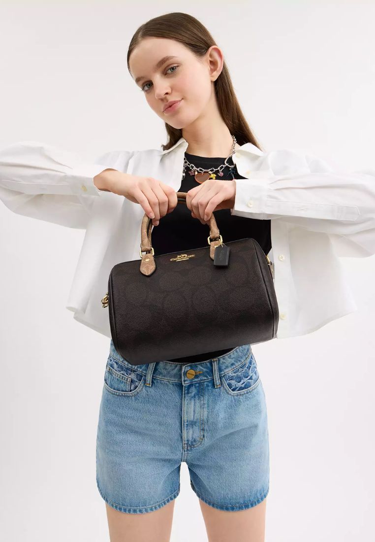 Rowan Satchel Bag In Blocked Signature Canvas Gold Walnut Tan