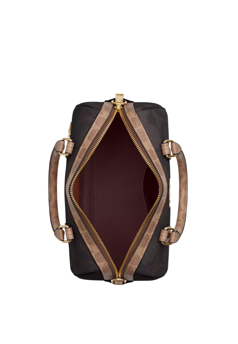 Rowan Satchel Bag In Blocked Signature Canvas Gold Walnut Tan