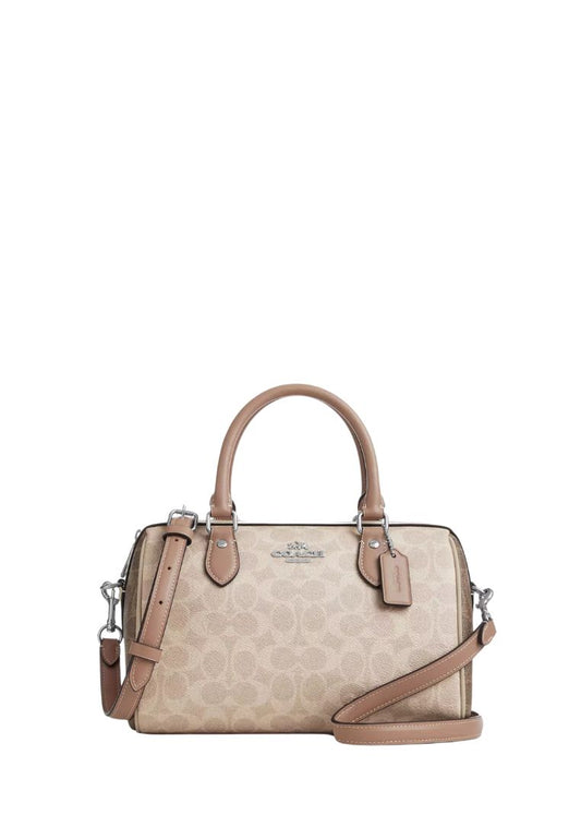 Rowan Satchel Bag In Blocked Signature Canvas Silver Sand Taupe Multi