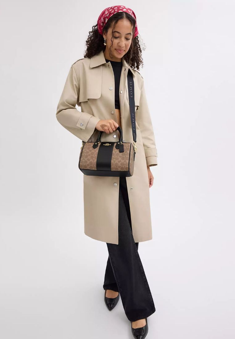 Rowan Satchel Bag In Signature Canvas Gold Tan Black