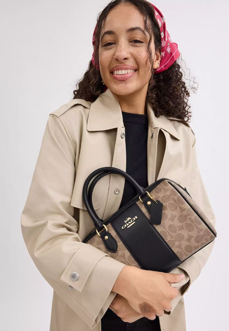 Rowan Satchel Bag In Signature Canvas Gold Tan Black