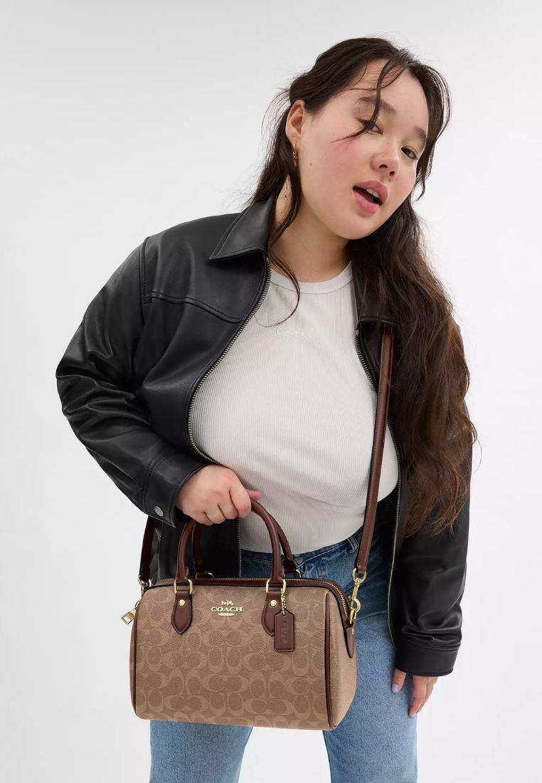 Rowan Satchel Bag In Signature Canvas Gold Tan Brown