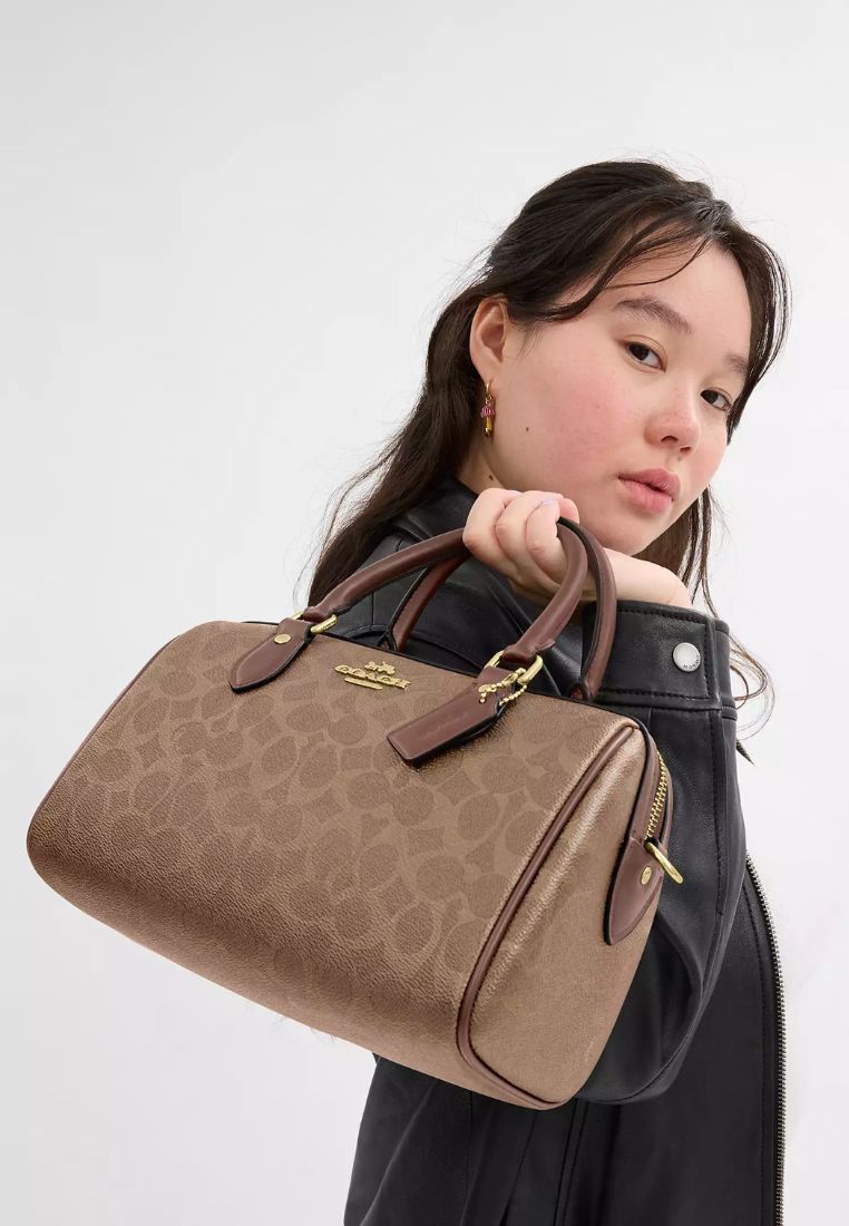 Rowan Satchel Bag In Signature Canvas Gold Tan Brown