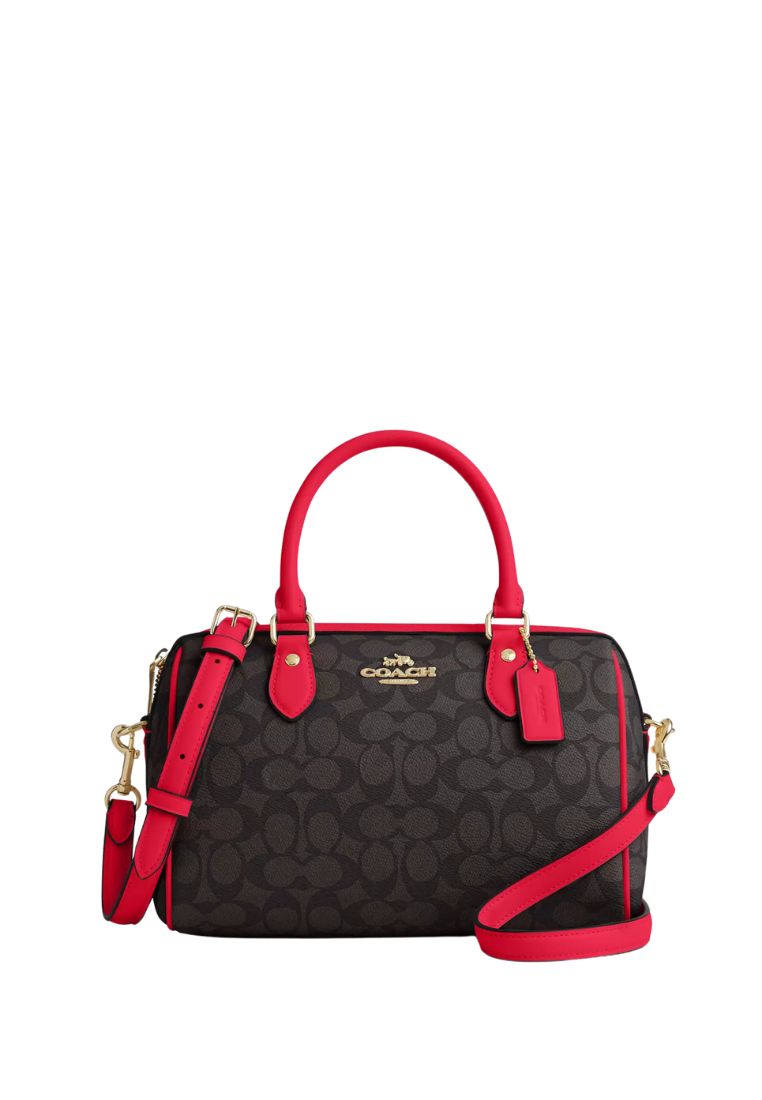 Rowan Satchel Bag In Signature Canvas Gold Walnut Bold Red